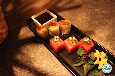Spring tasting with spring rolls and watermelon bites