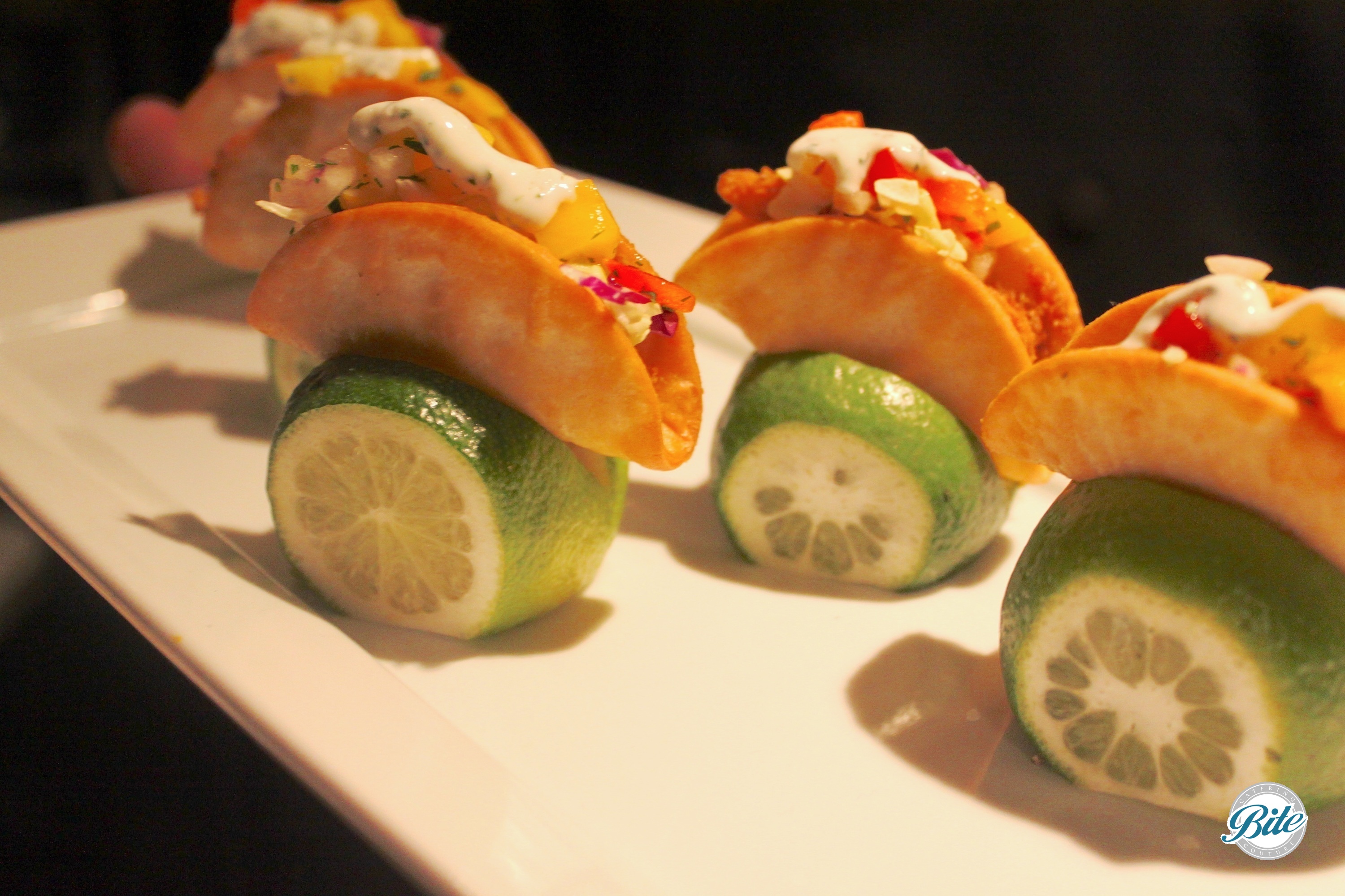 Mini Fish Tacos Displayed in Lime