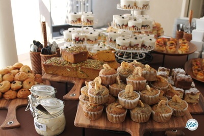Continental breakfast display with pumpkin bread, banana muffins, granola parfait, scones, and clotted cream